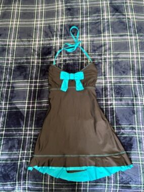 Eco swim Black&teal halter neck babydoll style swimsuit w/bow detail.Size 16